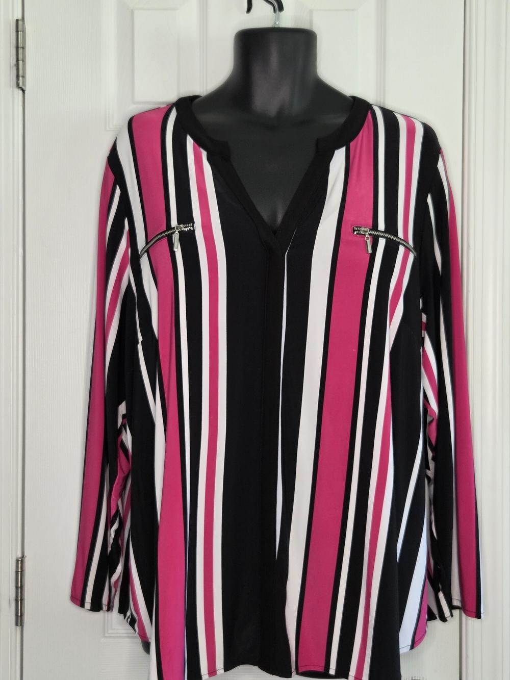 INC International Concepts Pink Black White Striped Zip-Pocket Blouse
